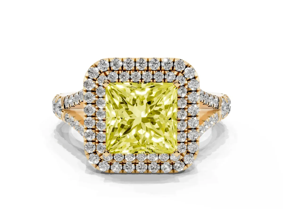 Fancy Yellow Double Halo Princess Cut Diamond Split Shank Engagement Ring with Four-Prong Setting Yellow gold