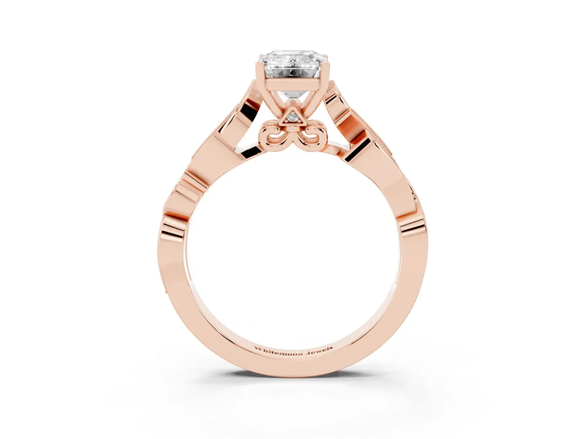 Emerald Cut Solitaire Vine Band with Milgrain Prong Setting Rose gold
