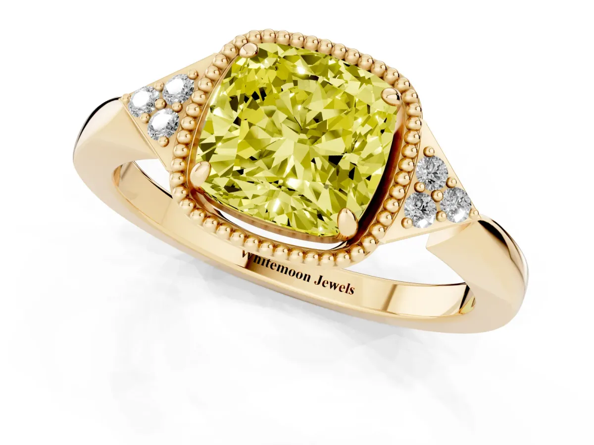 Fancy Yellow Cushion Cut Diamond Halo Ring with Tapered Band and Four-Prong Setting Yellow gold