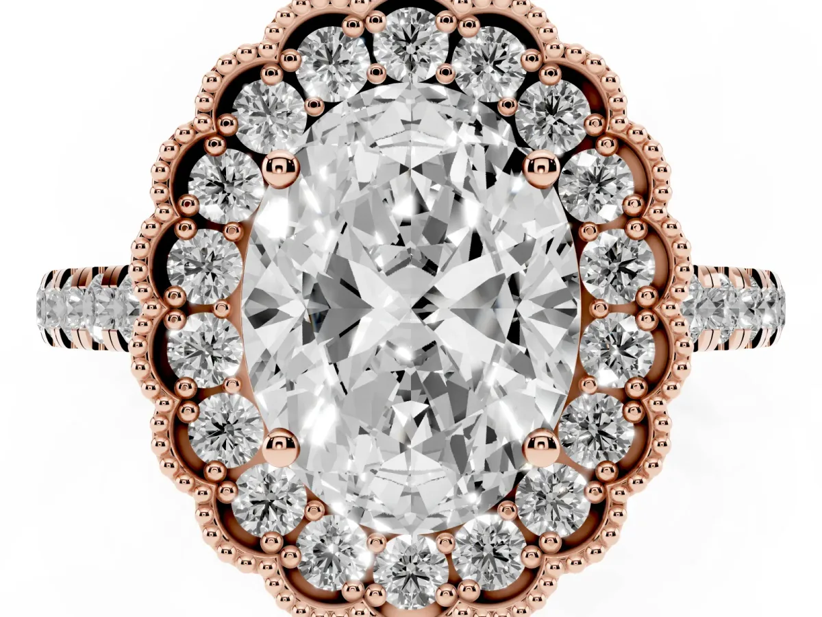 Oval Cut Cut Diamond Milgrain Floral Halo Engagement Ring with Pavé Band Rose gold