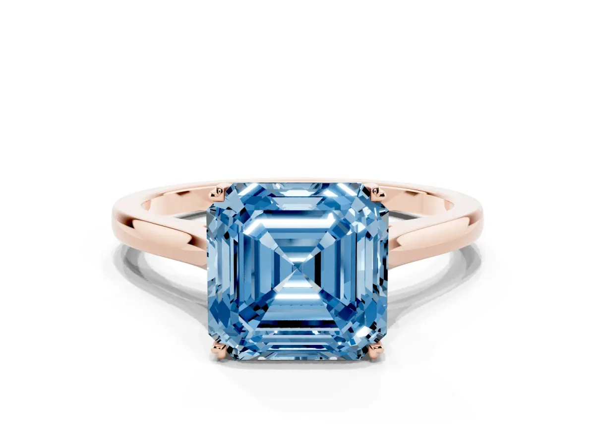 Fancy Blue Asscher Cut Solitaire Heart Prong Engagement Ring with Tapered Band Rose gold