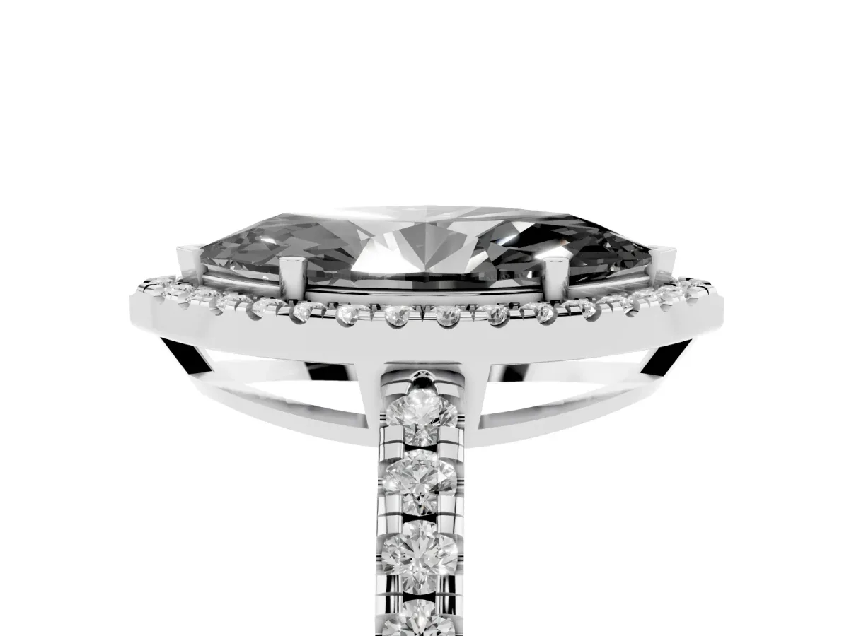Fancy Black Marquise Cut Diamond Halo Ring with Pavé Band and Four-Prong Setting Platinum