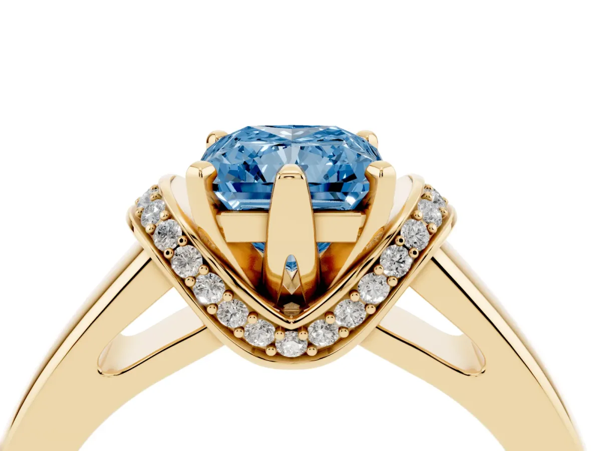 Fancy Blue Radiant Cut Solitaire Diamond Ring with Pave Band and Six-Prong Setting Yellow gold