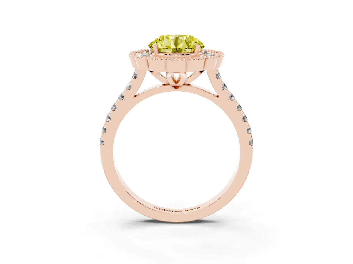 Fancy Yellow Round Cut Cut Diamond Milgrain Floral Halo Engagement Ring with Pavé Band Rose gold