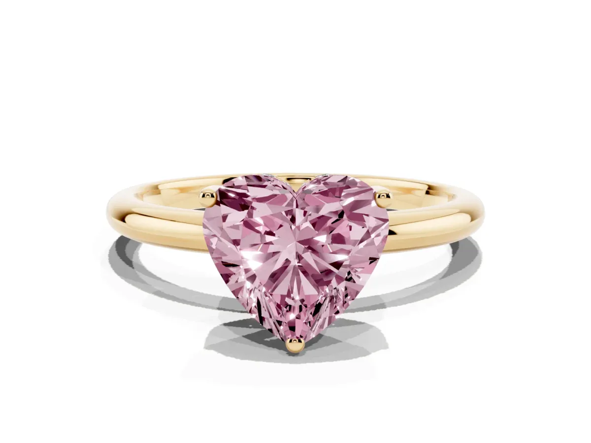 Fancy Pink Heart Cut Cut Solitaire Engagement Ring with Four-Prong Setting and Classic Band Yellow gold