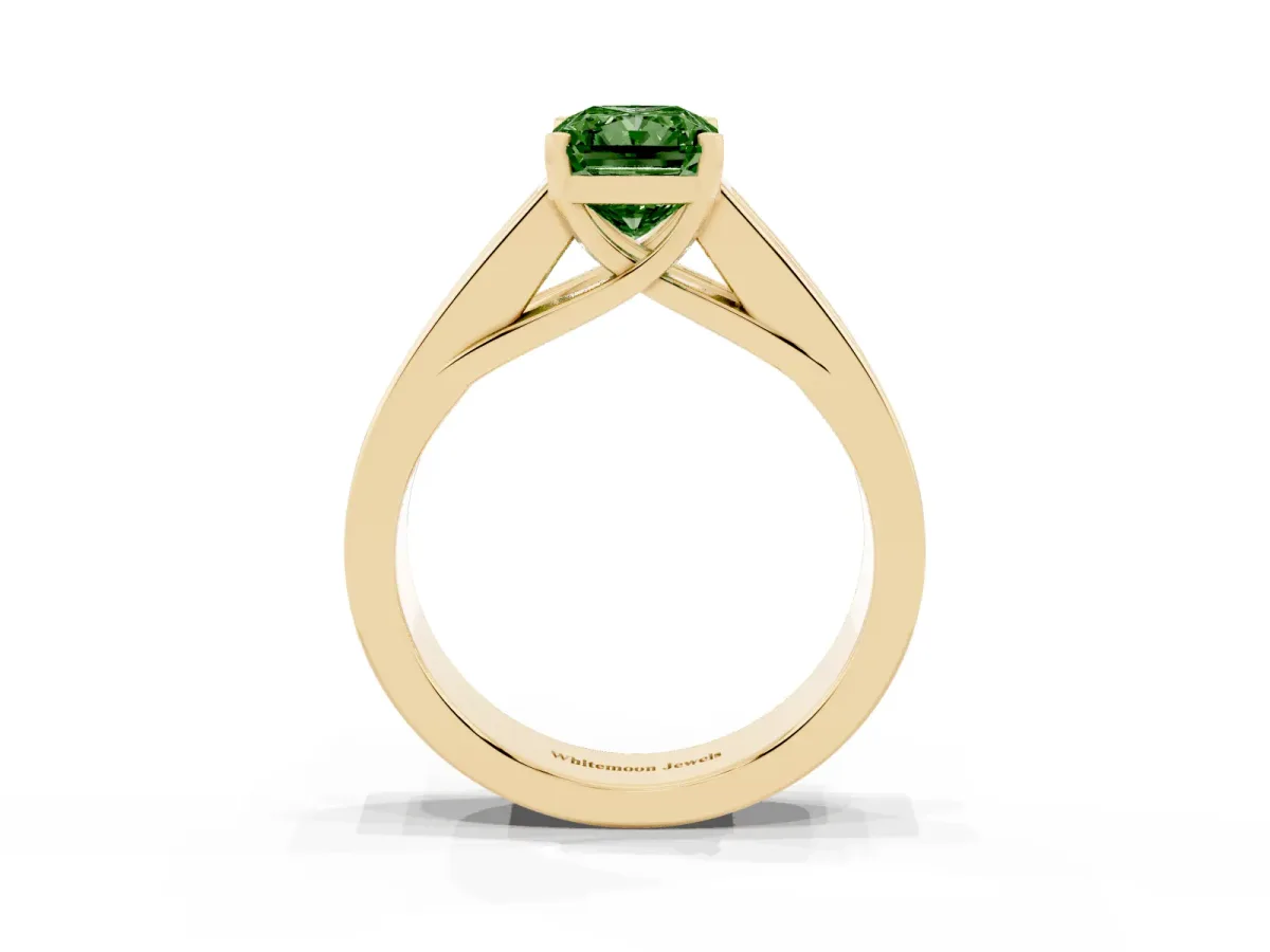 Fancy Green Radiant Cut Cut Channel Set Solitaire Ring with Four-Prong Setting Yellow gold