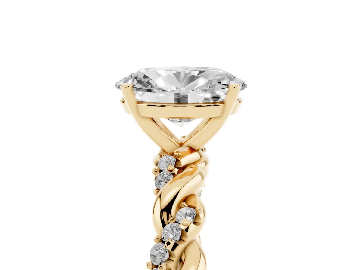 Oval Cut Diamond Solitaire Ring with Twisted Band and Pavé Accents Yellow gold