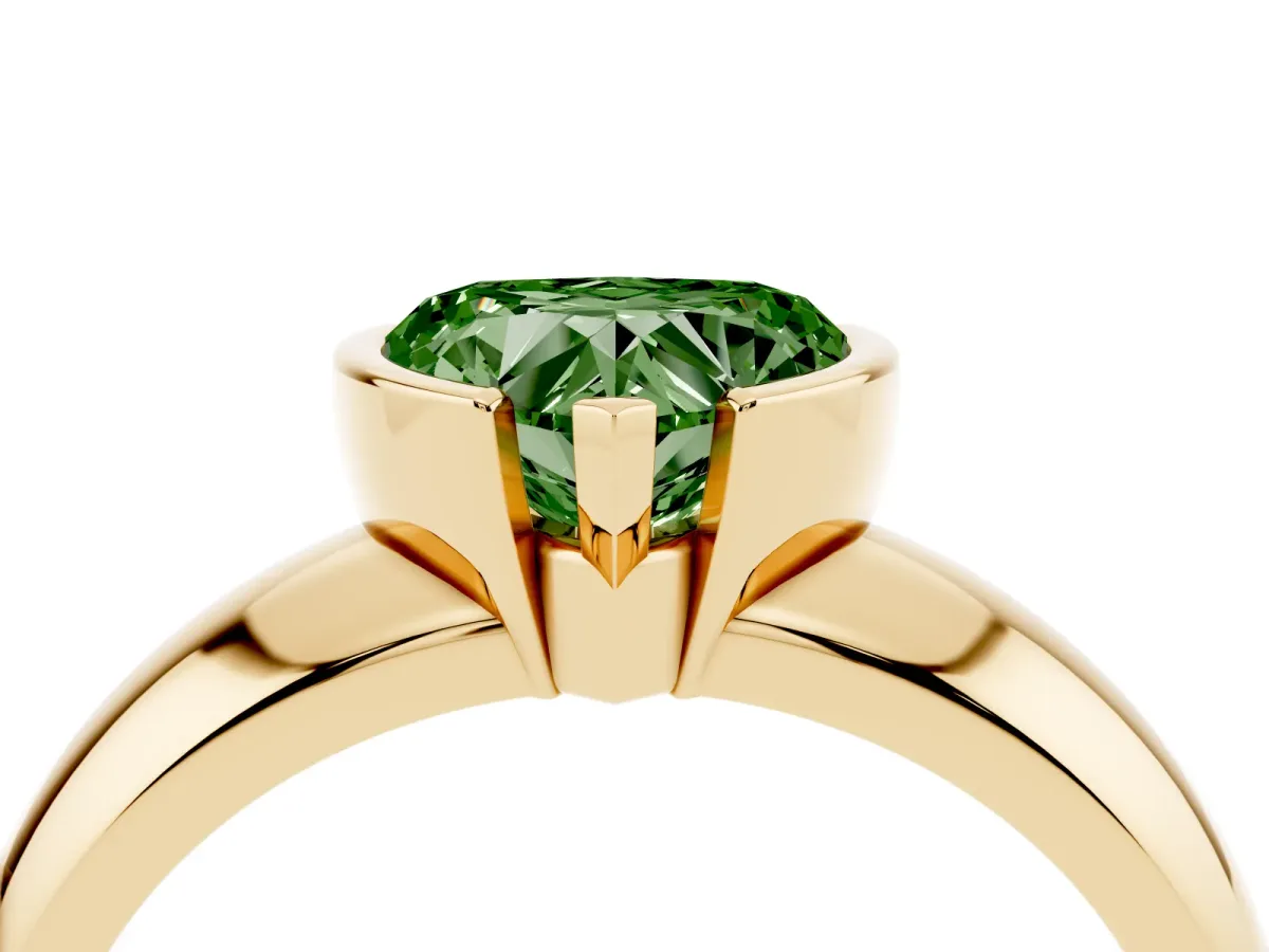 Fancy Green Heart Cut Solitaire Tension Set Diamond Ring with Wide Band Yellow gold