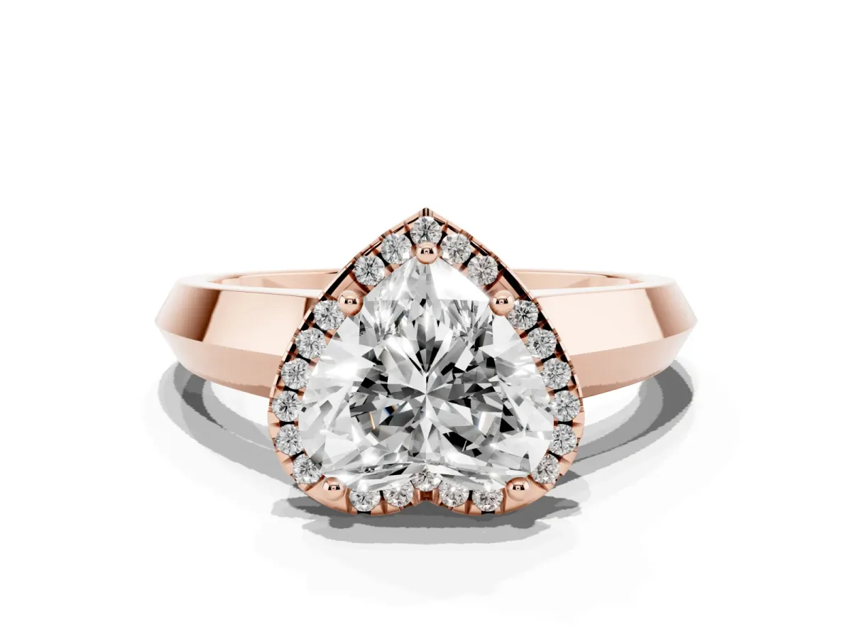 Heart Cut Halo Diamond Ring with Cathedral Band and Four-Prong Setting Rose gold