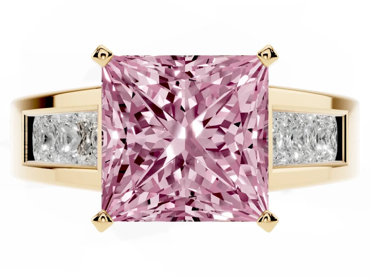 Fancy Pink Princess Cut Cut Channel Set Solitaire Ring with Four-Prong Setting Yellow gold