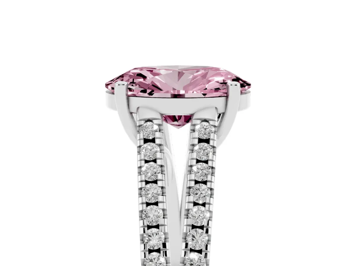 Fancy Pink Oval Cut Diamond Solitaire Engagement Ring with Split Shank Pavé Band Silver