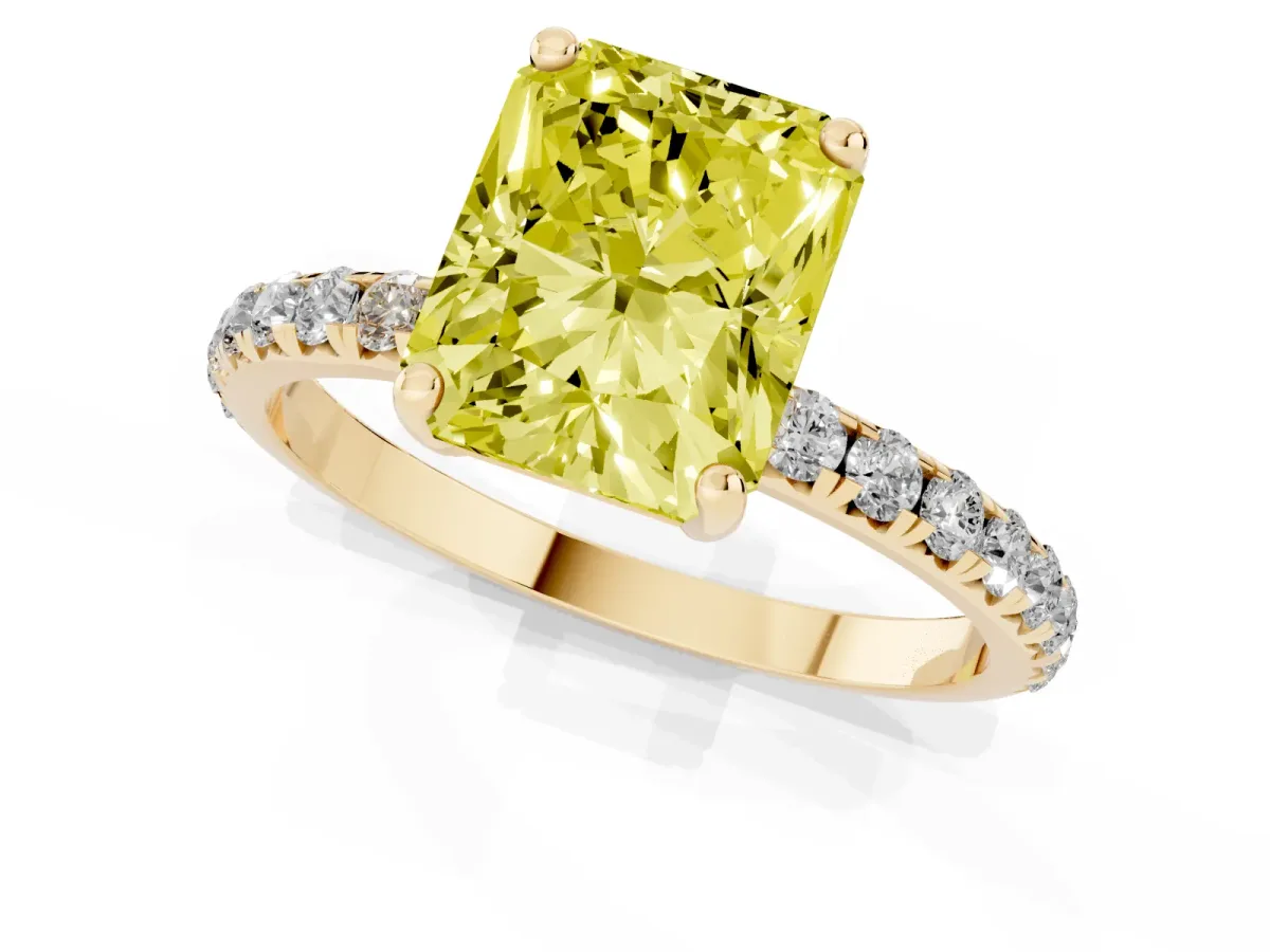 Fancy Yellow Radiant Cut Cut Diamond Solitaire Ring with Micro Pave Band and Four Prong Setting Yellow gold