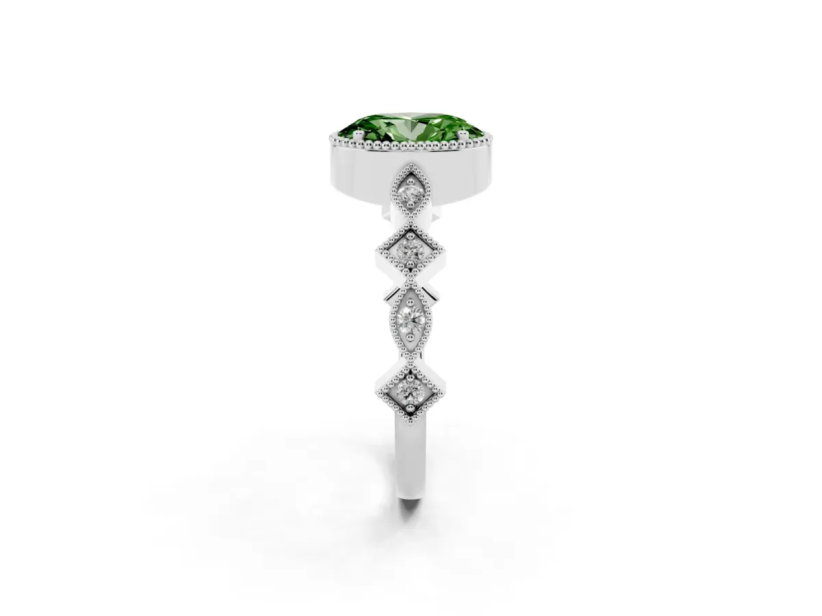 Fancy Green Oval Cut Milgrain Marquise Diamond Twist Band Ring Silver