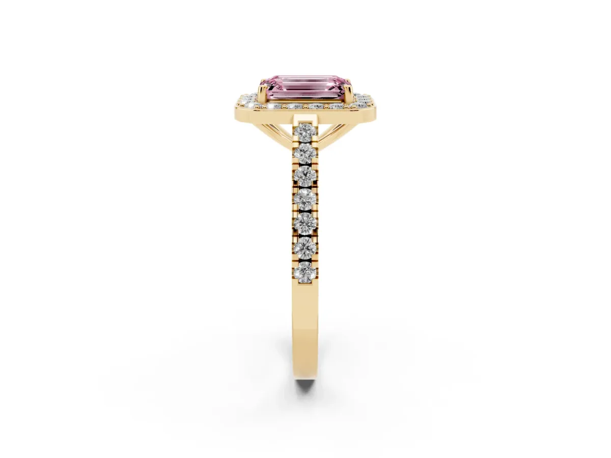 Fancy Pink Emerald Cut Diamond Halo Ring with Round Pavé Split Shank and Prong Setting Yellow gold