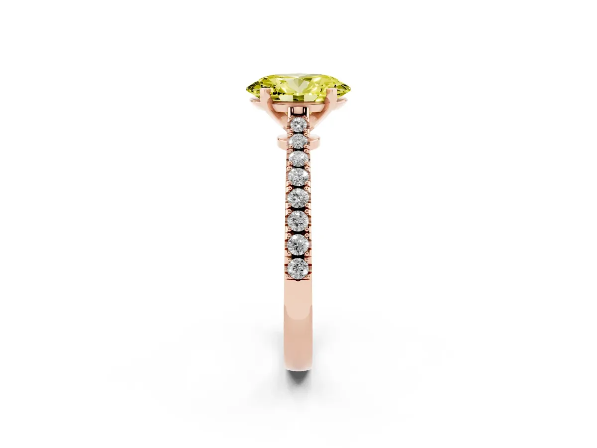Fancy Yellow Oval Cut Cut Solitaire Diamond Engagement Ring with Pave Band and Four-Prong Setting Rose gold