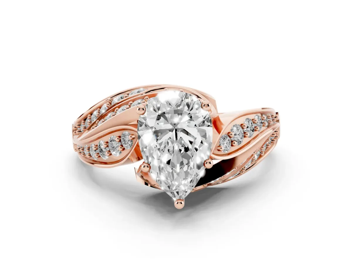Pear Cut Diamond Solitaire Ring with Prong Setting and Twisted Pavé Band Rose gold