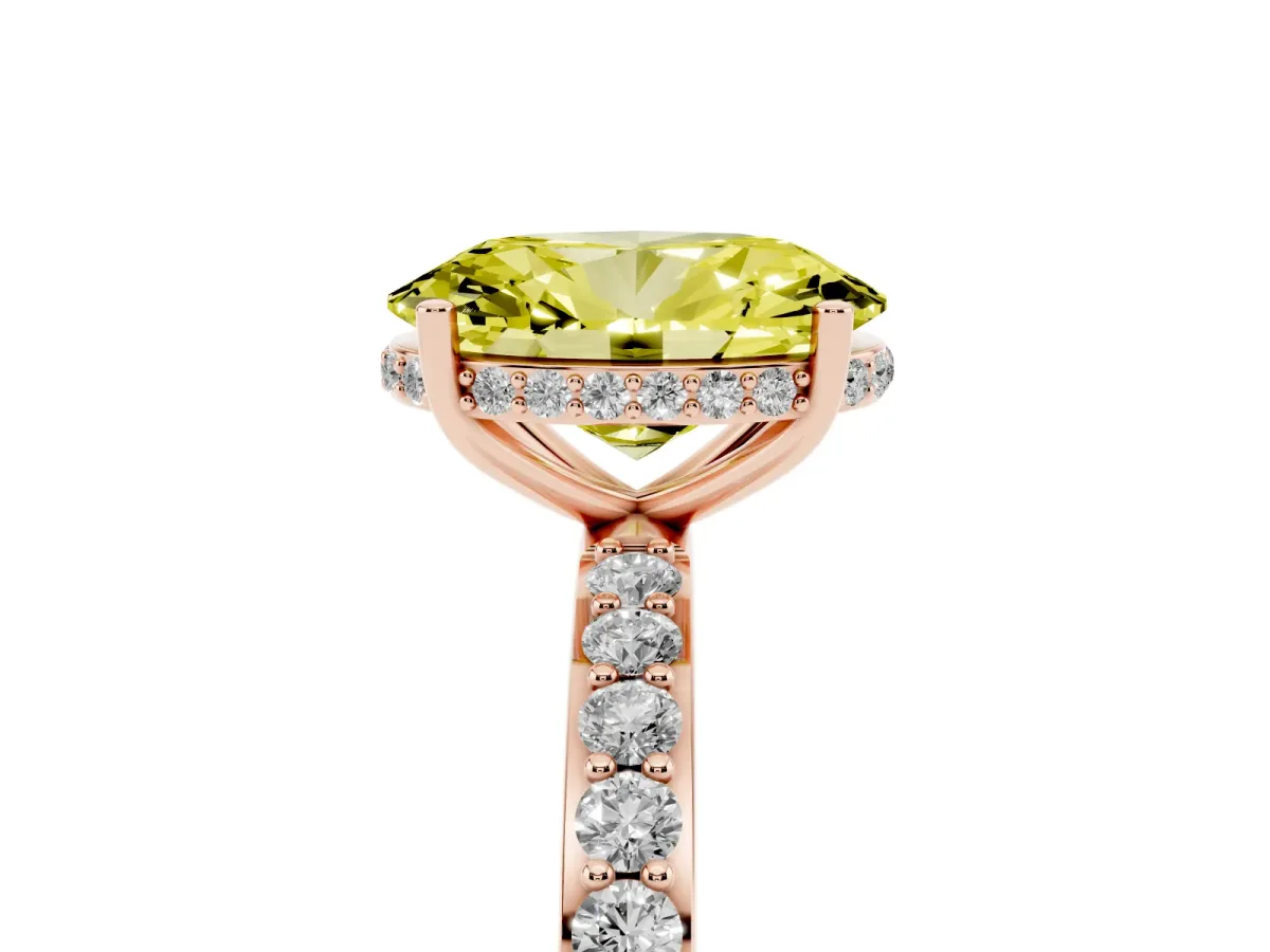 Fancy Yellow Oval Cut Diamond Solitaire Ring with Pavé Band and Hidden Halo Rose gold