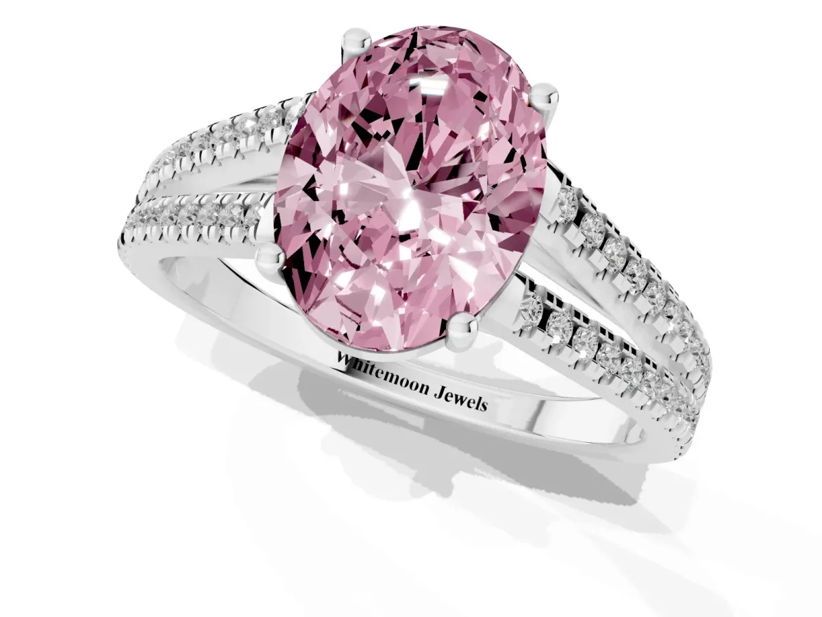 Fancy Pink Oval Cut Diamond Solitaire Engagement Ring with Split Shank Pavé Band Silver