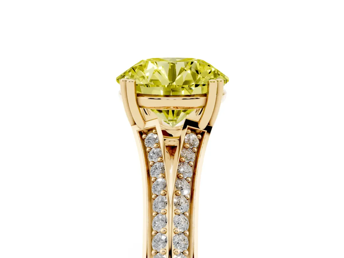 Fancy Yellow Round Cut Diamond Split Shank Engagement Ring with Pavé Band Yellow gold
