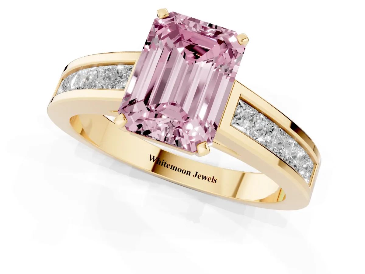 Fancy Pink Emerald Cut Solitaire Diamond Ring with Channel-Set Band and Four-Prong Setting Yellow gold