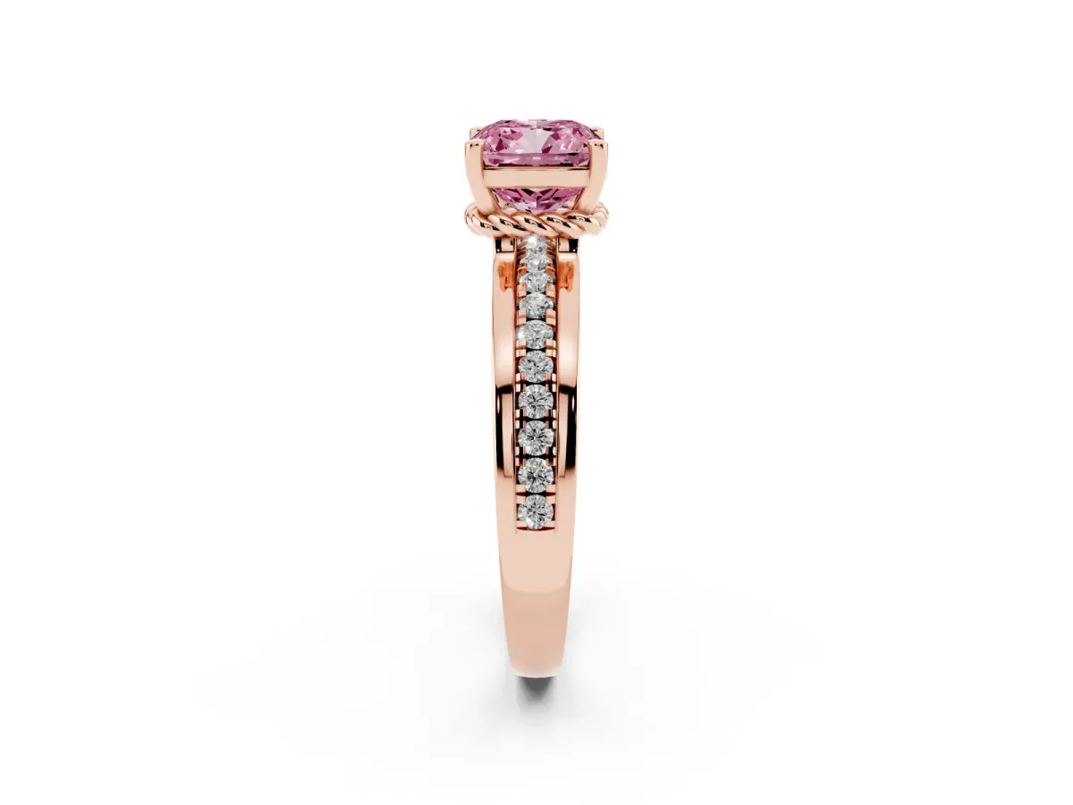 Fancy Pink Cushion Cut Solitaire Diamond Ring with Channel Set Band and Six-Prong Setting Rose gold