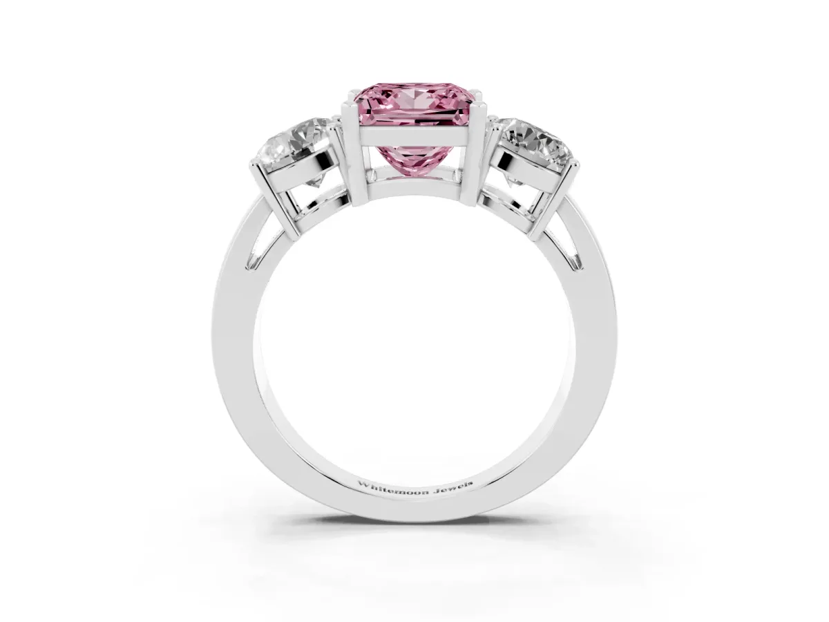Fancy Pink Three-Stone Princess Cut Diamond Ring with Round Side Stones, Classic Band, and Four-Prong Setting White gold