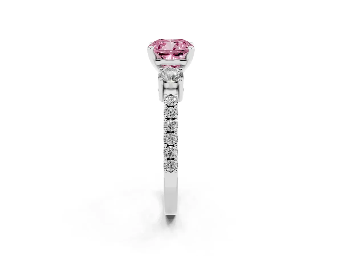 Fancy Pink Cushion Cut Three-Stone Diamond Pavé Band with Prong Setting White gold