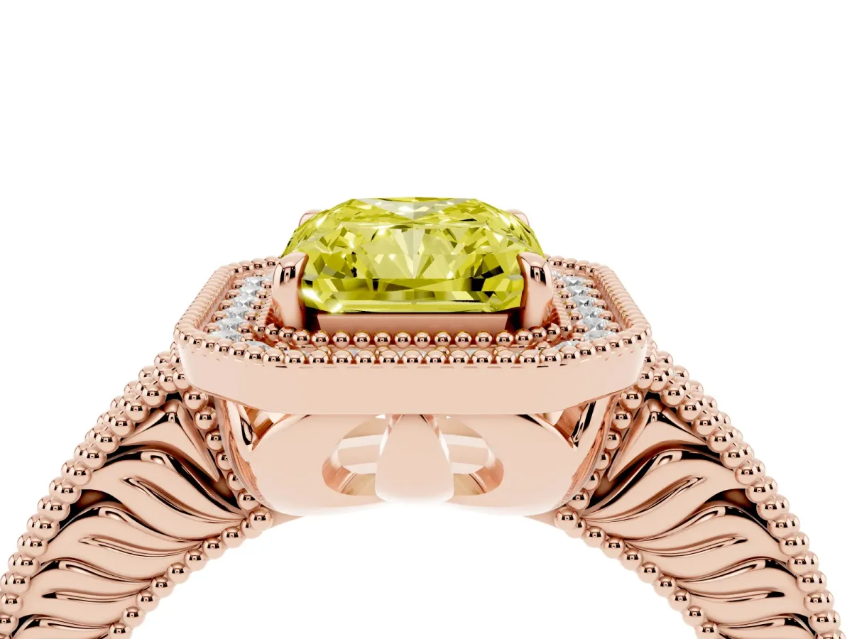 Fancy Yellow Radiant Cut Cut Halo Diamond Ring with Pavé Band and Four-Prong Setting Rose gold
