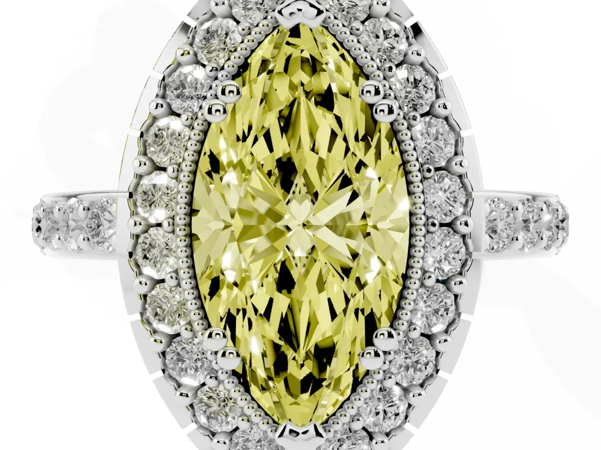 Fancy Yellow Marquise Cut Diamond Halo Ring with Pavé Band and Prong Setting White gold