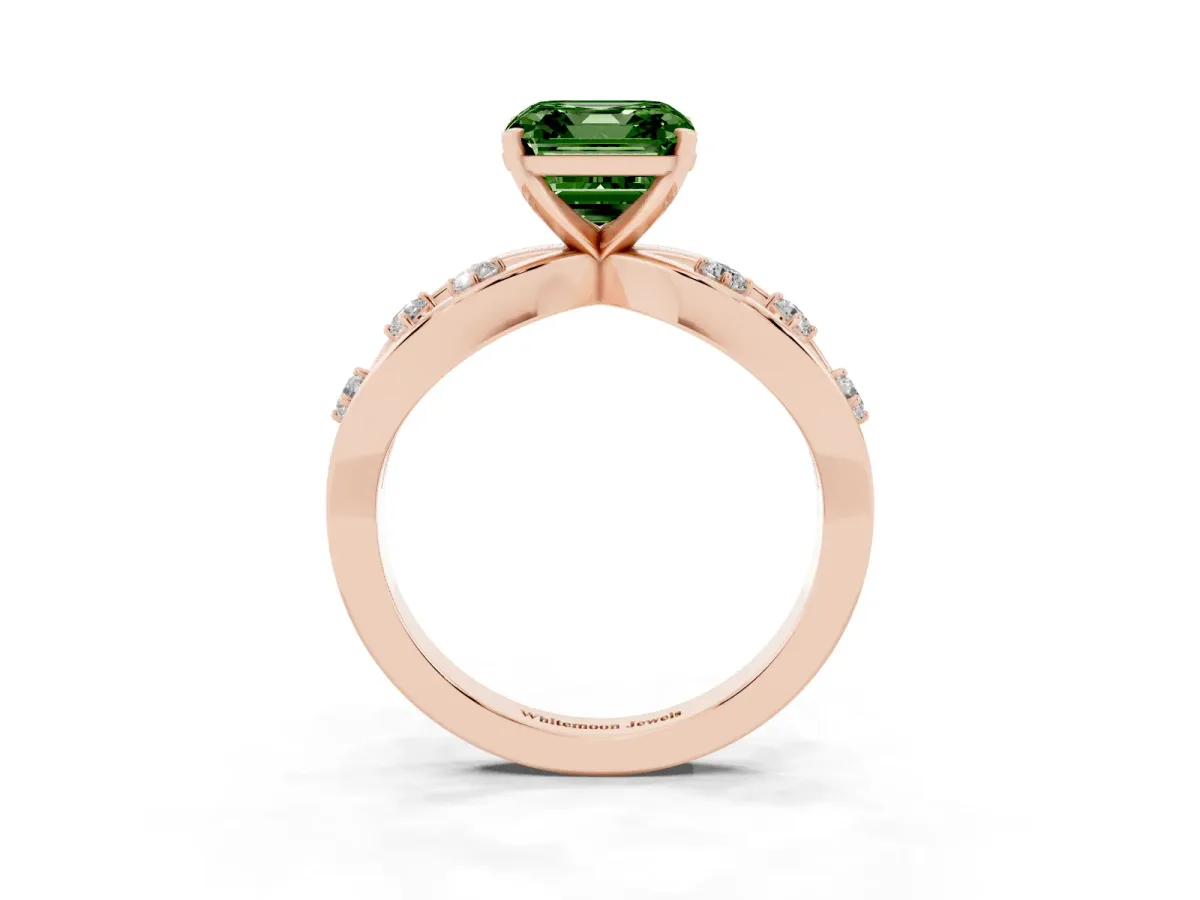 Fancy Green Asscher Cut Cut Solitaire Diamond with Side Stones on Criss-Cross Band and Four-Prong Setting Rose gold