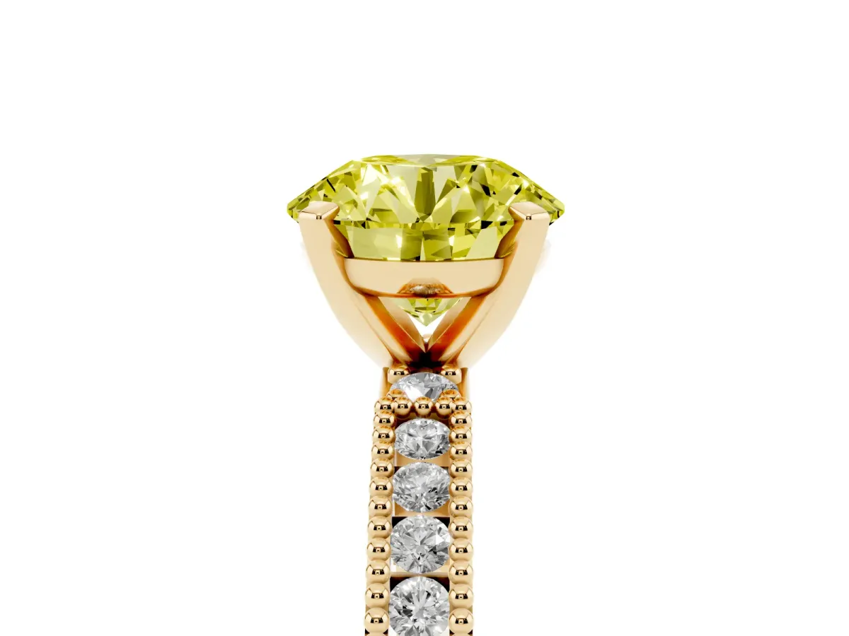 Fancy Yellow Round Cut Solitaire with Pavé Band and Four-Prong Setting Yellow gold