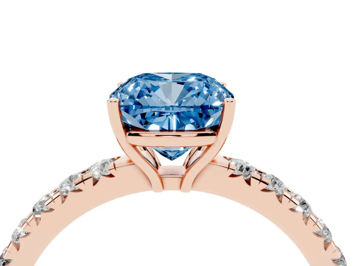 Fancy Blue Cushion Cut Diamond Pavé Solitaire Engagement Ring with Four-Prong Setting Rose gold