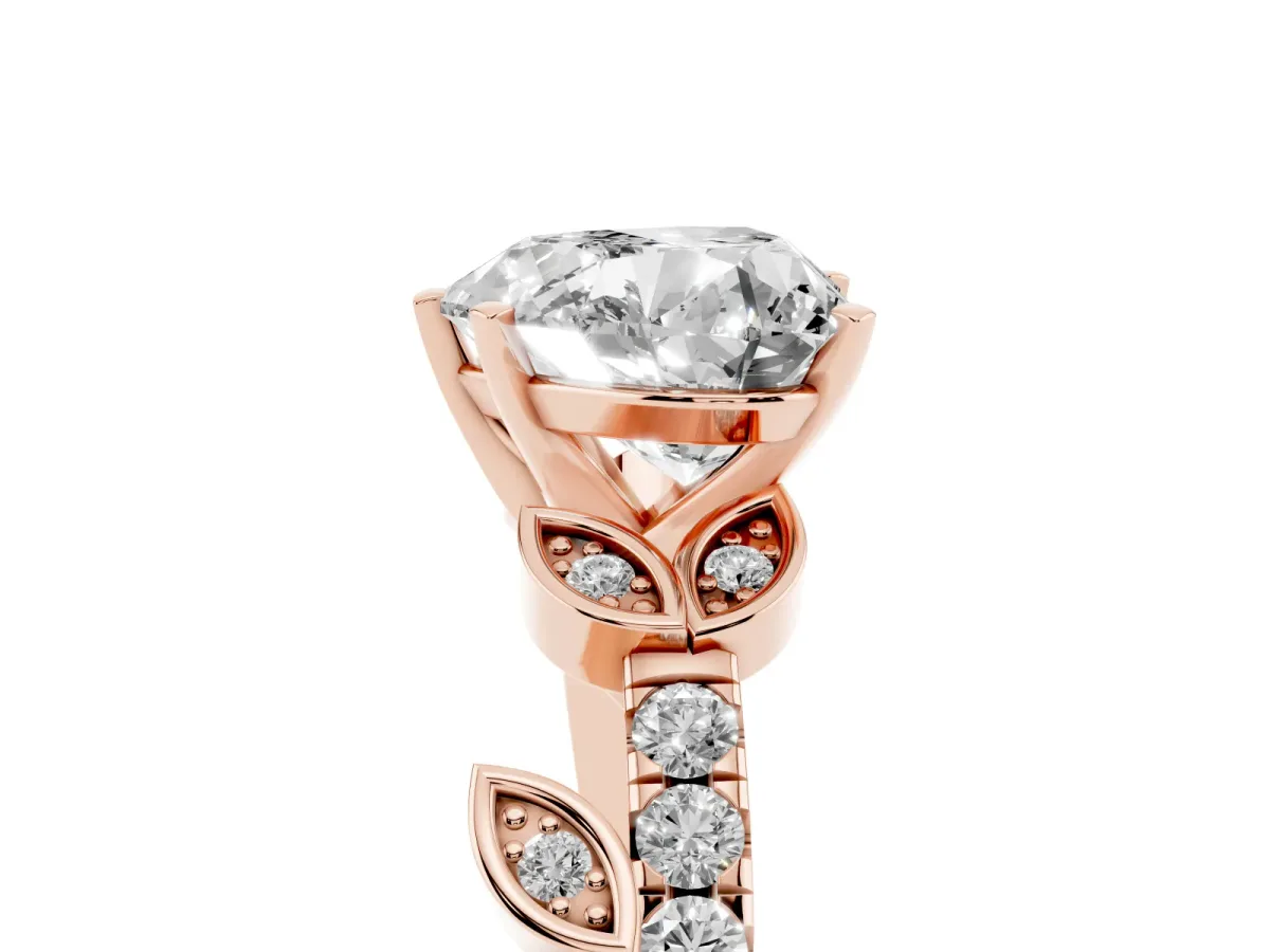 Heart Cut Solitaire Leaf-Inspired Diamond Ring with Pavé Band and Four-Prong Setting Rose gold