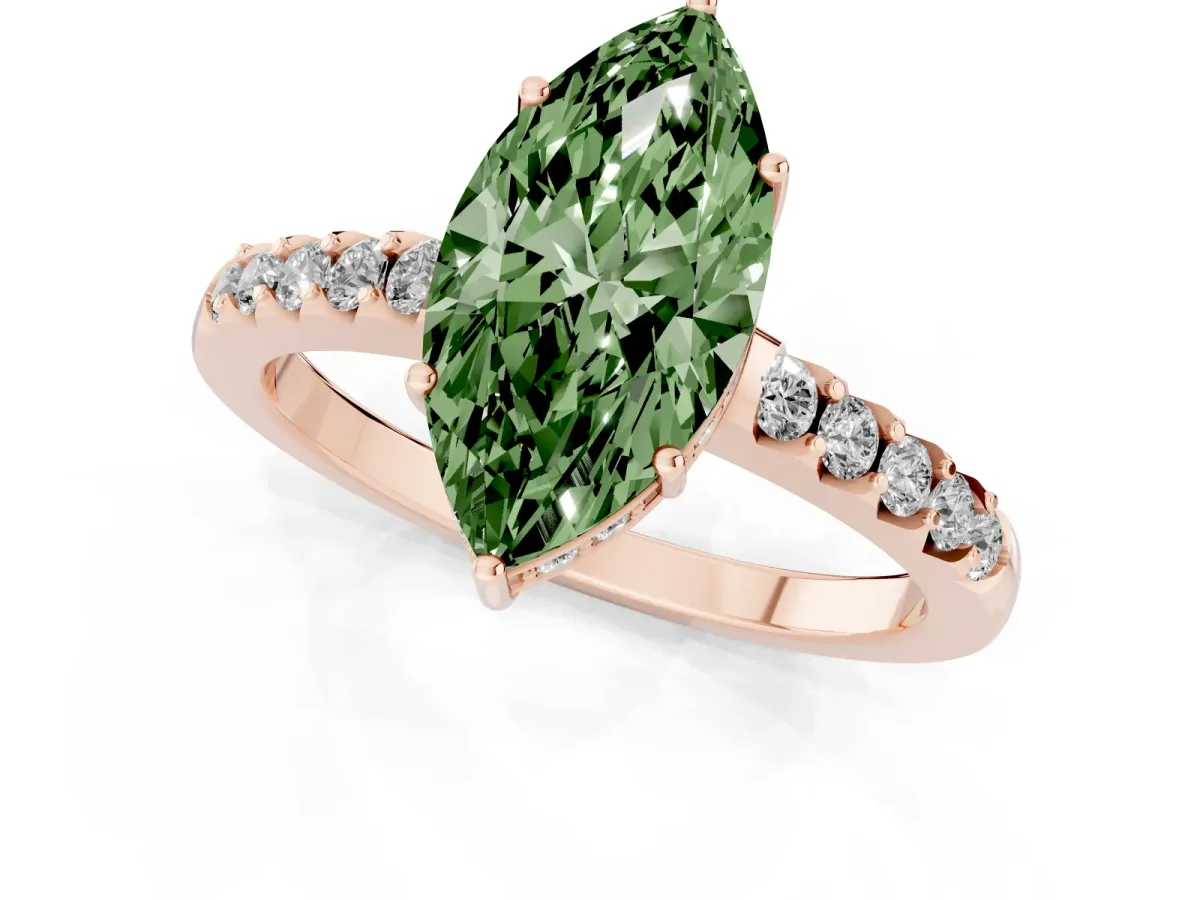 Fancy Green Marquise Cut Solitaire Diamond Engagement Ring with Pavé Band and Six-Prong Setting Rose gold