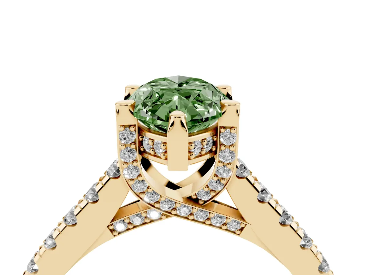 Fancy Green Marquise Cut Brilliant Diamond Solitaire with Pavé Band and Four-Prong Setting Yellow gold