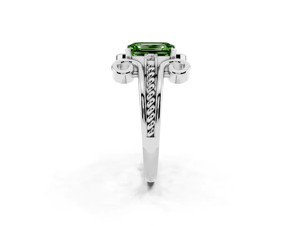 Fancy Green Emerald Cut Solitaire Twisted Band Scroll Prong Ring Silver