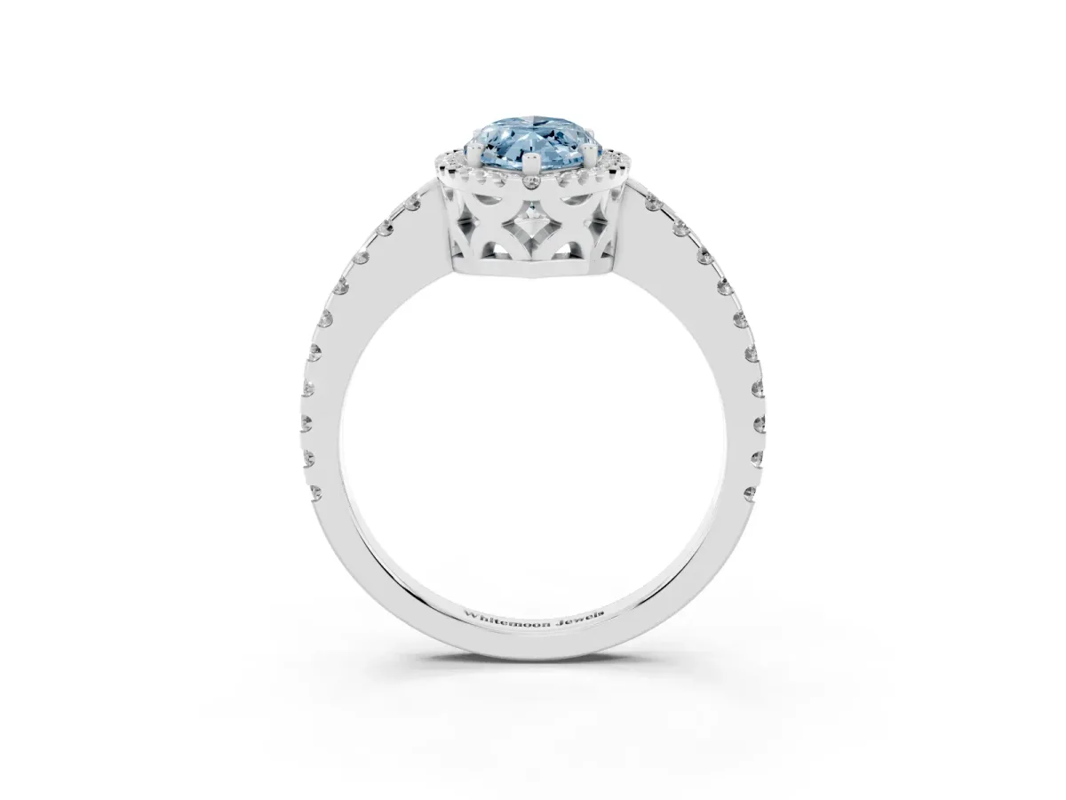 Fancy Blue Marquise Cut Diamond Halo Engagement Ring with Pavé Band and Prong Setting Platinum