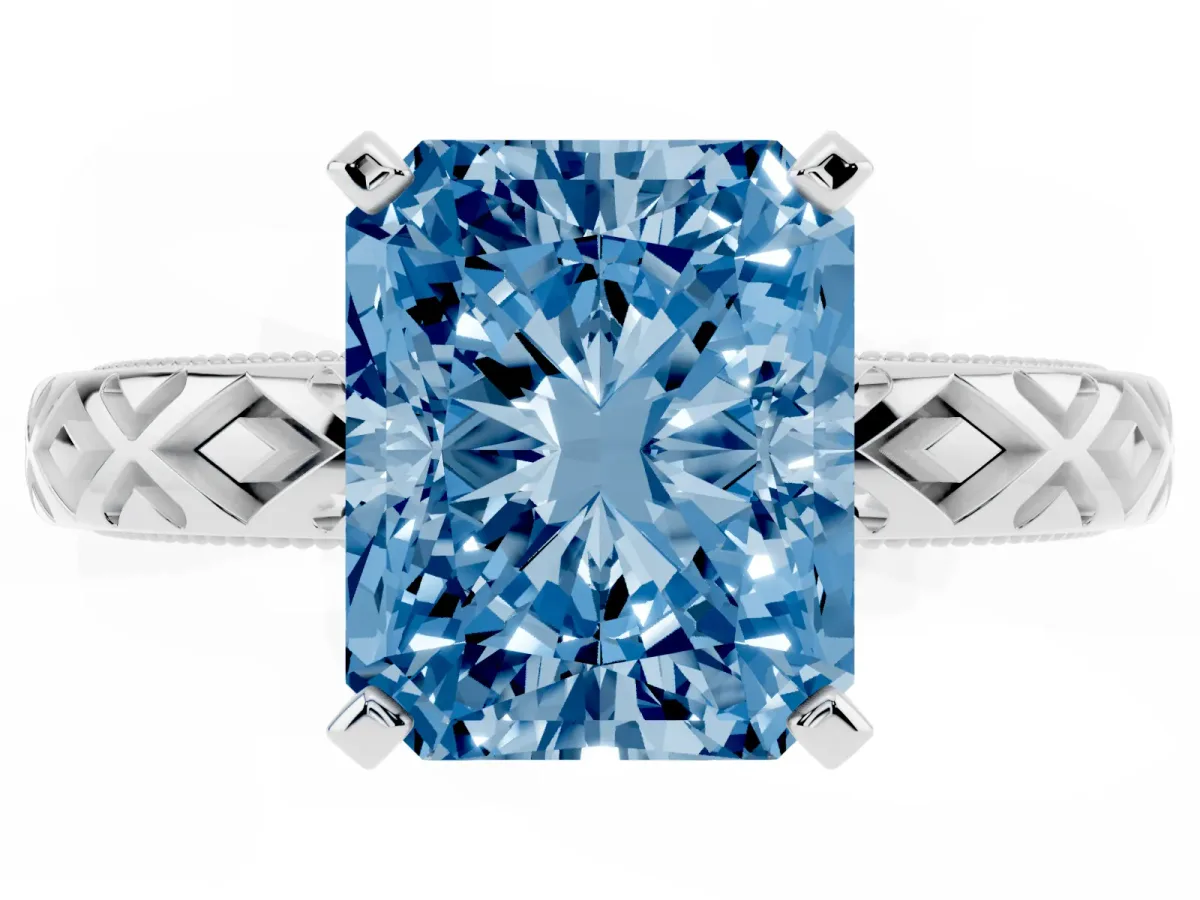 Fancy Blue Radiant Cut Solitaire Diamond Ring with Milgrain and Black Enamel X Pattern Band Silver