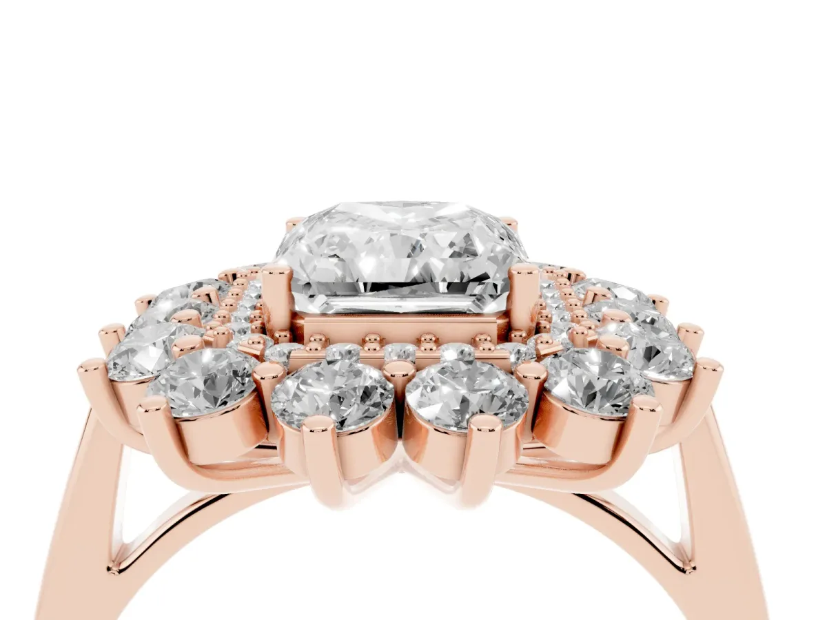 Radiant Cut Diamond Floral Double Halo Engagement Ring with Prong Setting Rose gold