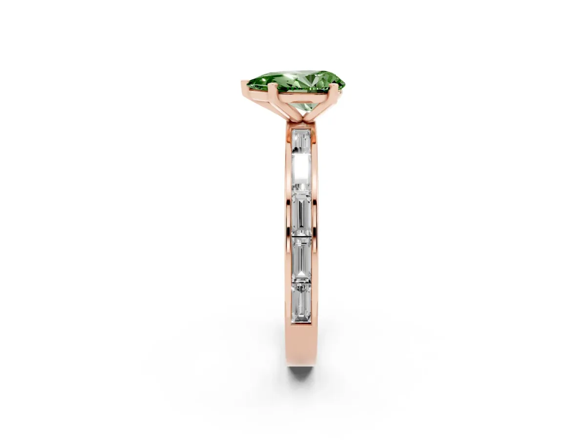 Fancy Green Pear Cut Solitaire Diamond Ring with Channel-Set Baguette Band and Four-Prong Setting Rose gold