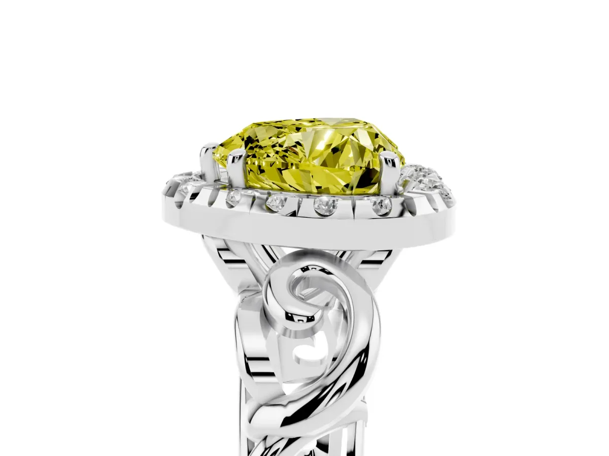 Fancy Yellow Heart Cut Cut Halo Diamond Ring with Scrollwork Band and Four-Prong Setting Silver