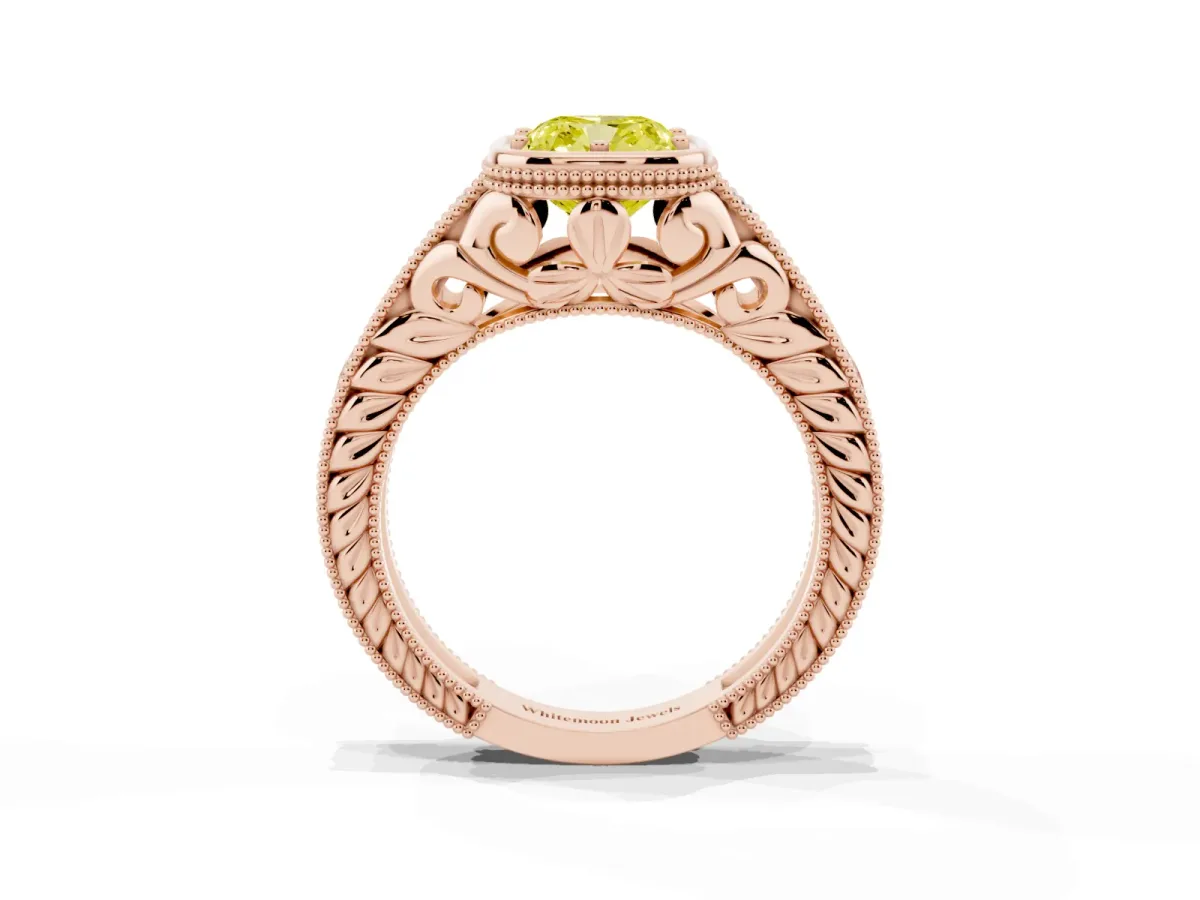 Fancy Yellow Bezel Set Cushion Cut Diamond Milgrain Pave Engagement Ring Rose gold
