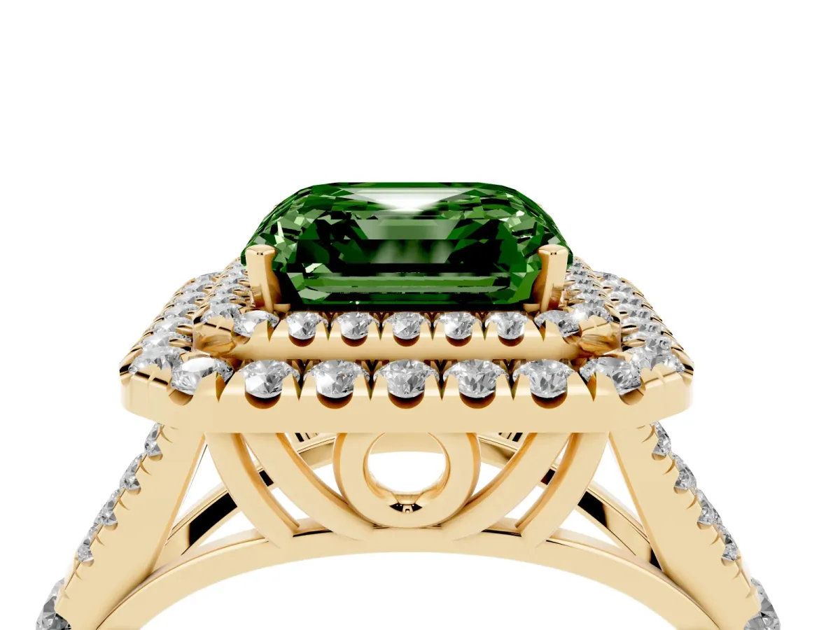 Fancy Green Asscher Cut Cut Double Halo Split Shank Diamond Ring with Prong Setting Yellow gold