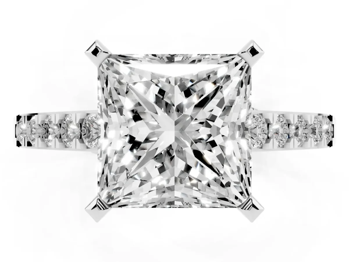 Princess Cut Diamond Solitaire Ring with Crossover Gallery and Round Pavé Band Silver