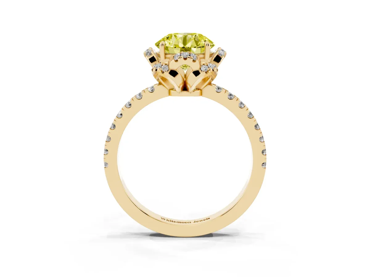 Fancy Yellow Round Cut Halo Diamond Pave Band Ring with Four-Prong Setting Yellow gold