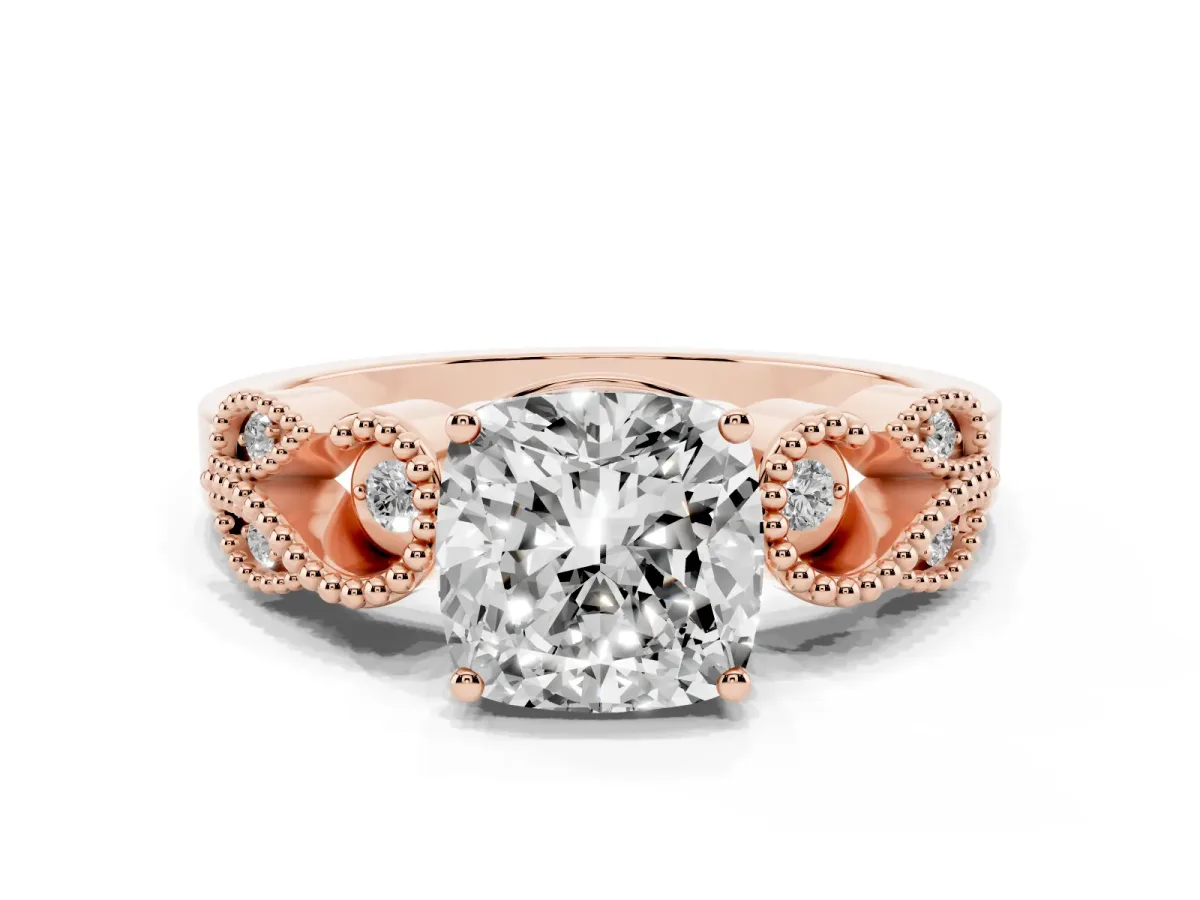 Cushion Cut Solitaire Milgrain Leaf Band with Prong Setting Rose gold