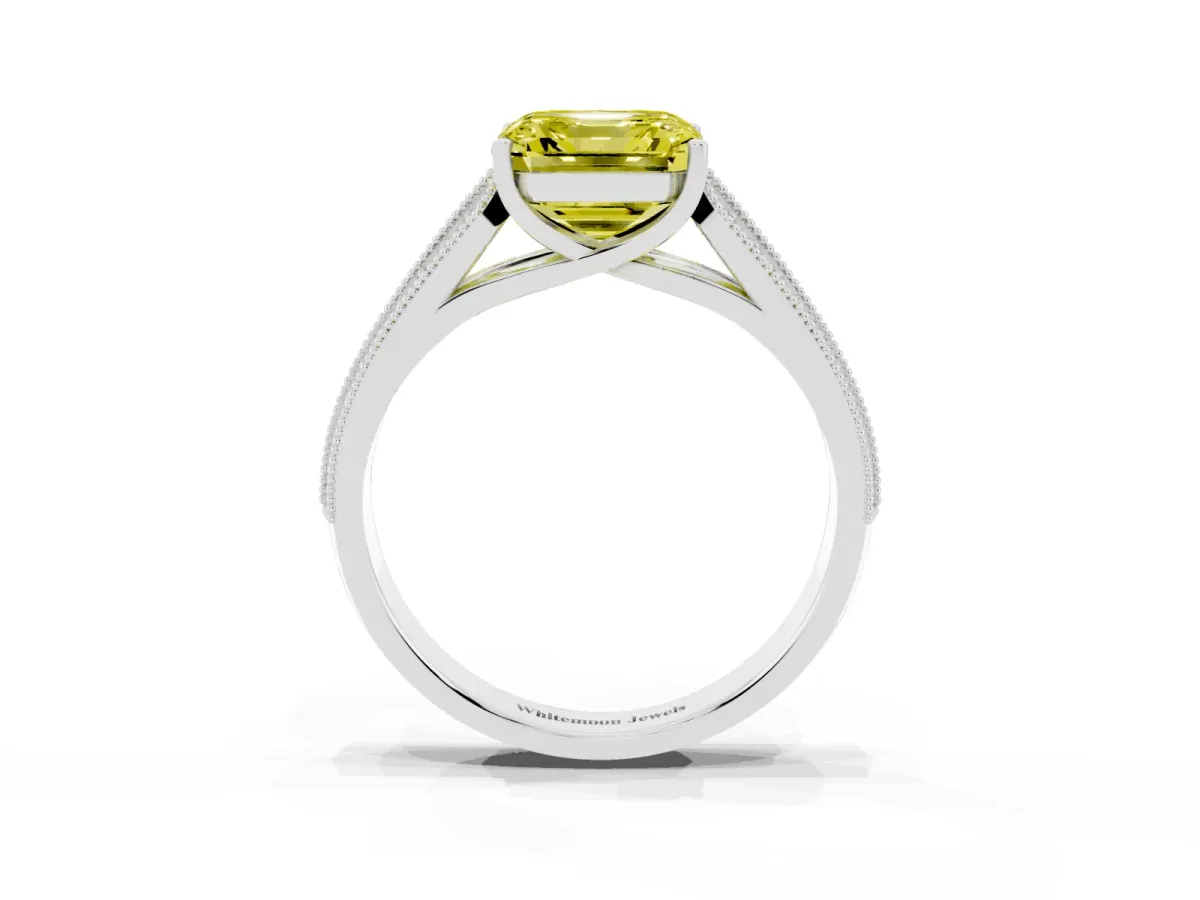 Fancy Yellow Asscher Cut Cut Pave Split Shank Engagement Ring with Four-Prong Setting Platinum