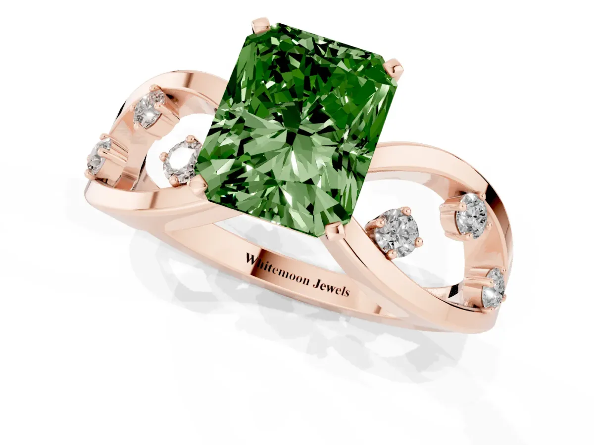 Fancy Green Radiant Cut Cut Solitaire Diamond with Side Stones on Criss-Cross Band and Four-Prong Setting Rose gold