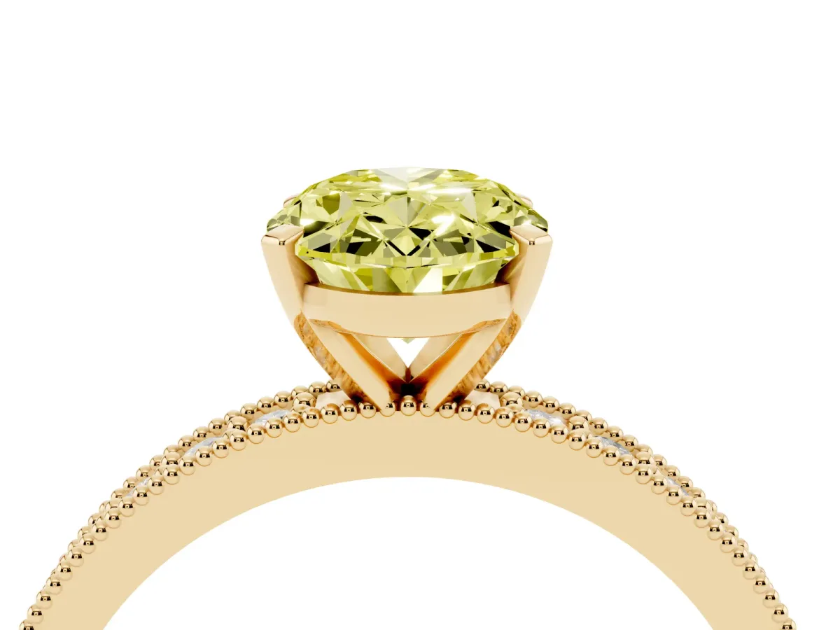 Fancy Yellow Oval Cut Diamond Milgrain Pavé Engagement Ring with Four-Prong Setting Yellow gold
