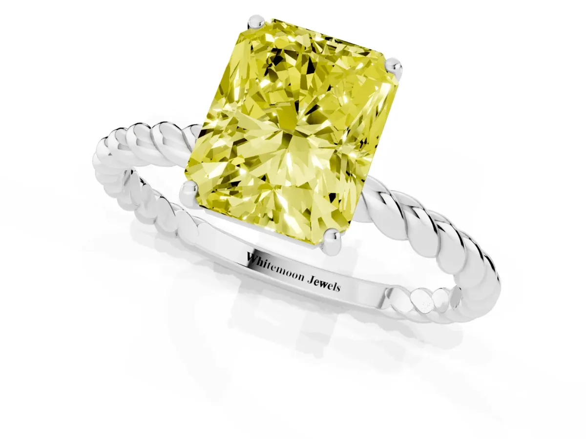Fancy Yellow Radiant Cut Solitaire Twist Band Ring with Four-Prong Setting Silver